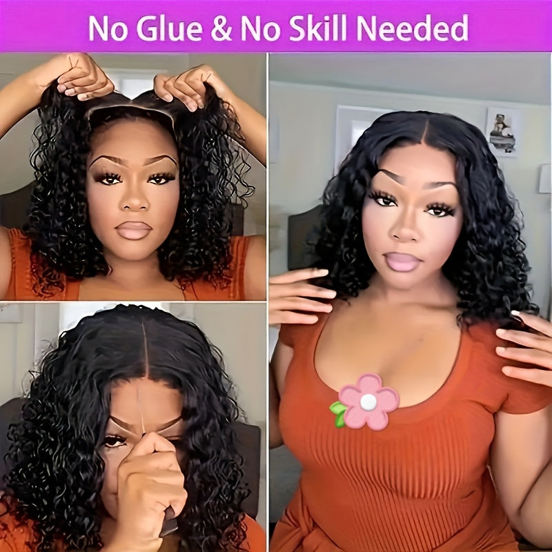 4x4 Put On And Go Glueless Bob Wig Human Hair Curly For Women Kinky Curly Lace Front Wig Human Hair Pre Plucked Pre Cut Lace Ready To Wear 180% Density Natural Black
